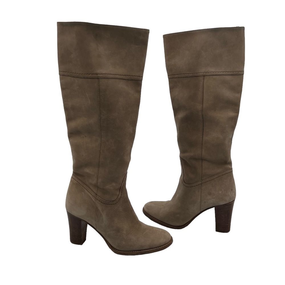 J Crew Nottingham Tan Leather Tall Block Heel Side Vent Boots Size 5 1/2 Women's